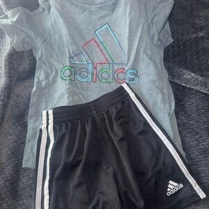 Like New 4T Adidas Grey Tee with Black 3-Stripe Athletic Shorts